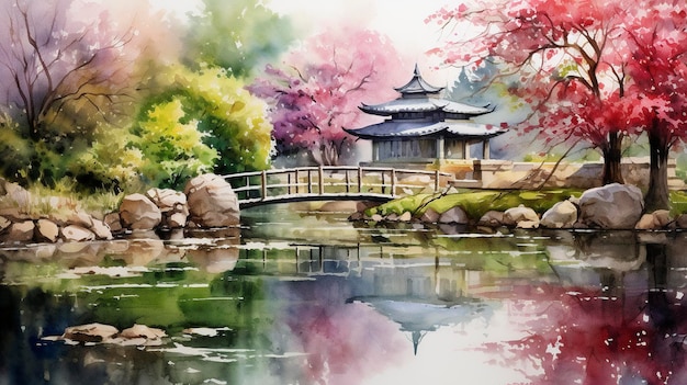 Aquarel Serene Japanse tuin