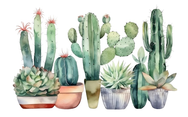Aquarel set gezellige schattige cactussen en vetplanten Inspiratie citeert Tuinieren Huisplanten AI gegenereerde illustratie
