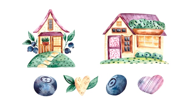 Aquarel set illustraties met zomerhuisjes bosbessen en harten