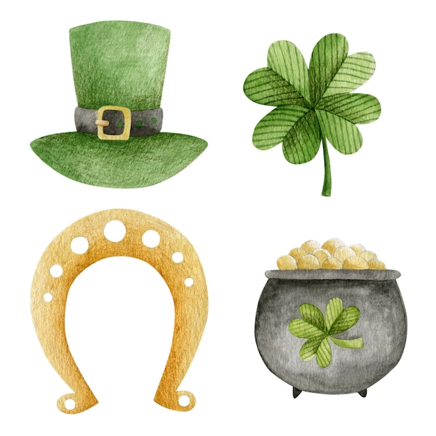 Foto aquarel set illustraties stpatrick's day hat hoefijzerklavertje