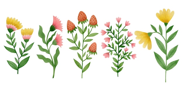 Aquarel set illustraties van bloemen in volkskunst sprookjestuin