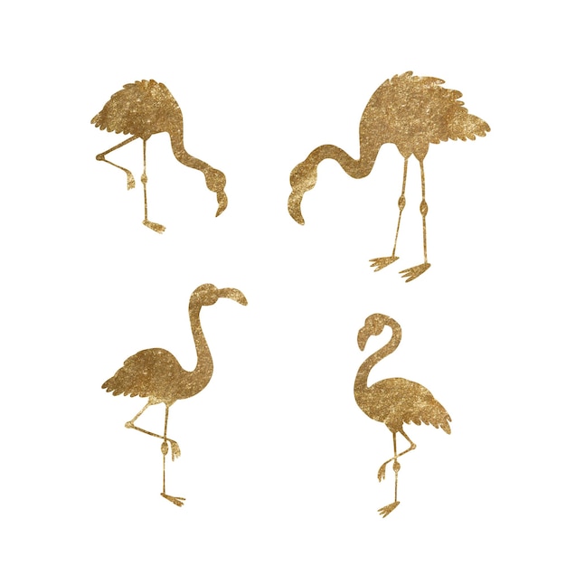 Aquarel set illustraties van gouden flamingo's.