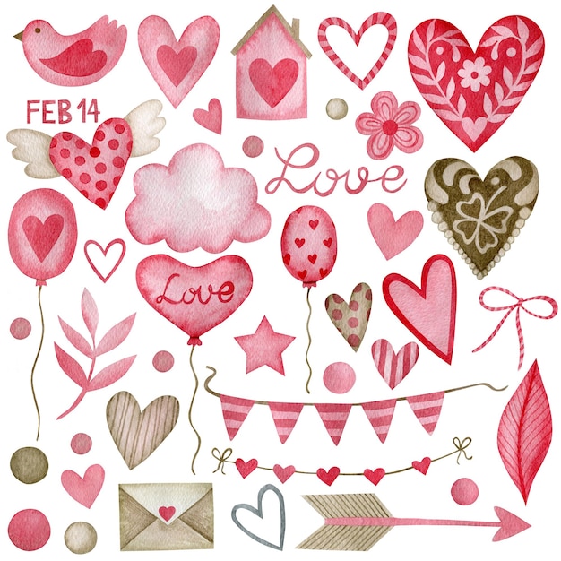 Aquarel set illustraties voor Valentijnsdag