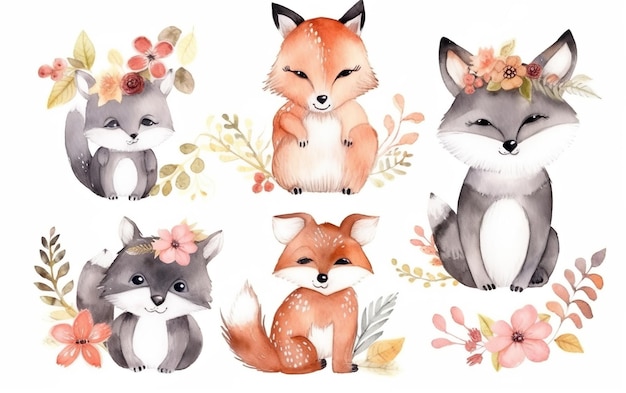 Aquarel set schattige dieren op een witte achtergrond.