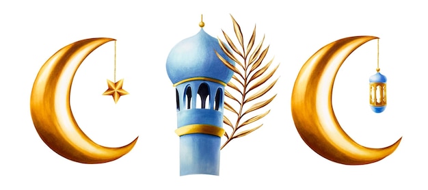 Aquarel set van illustraties met islamitische Arabische gouden halve maan met lantaarn en ster in