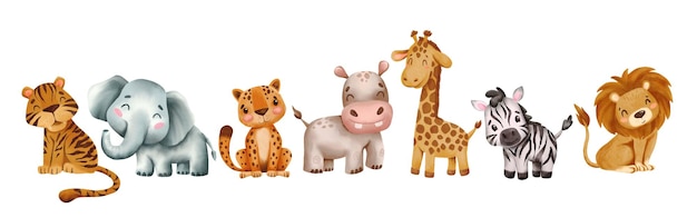 Aquarel set van schattige Afrikaanse dieren olifant cheetah nijlpaard giraffe tijger leeuw zebra