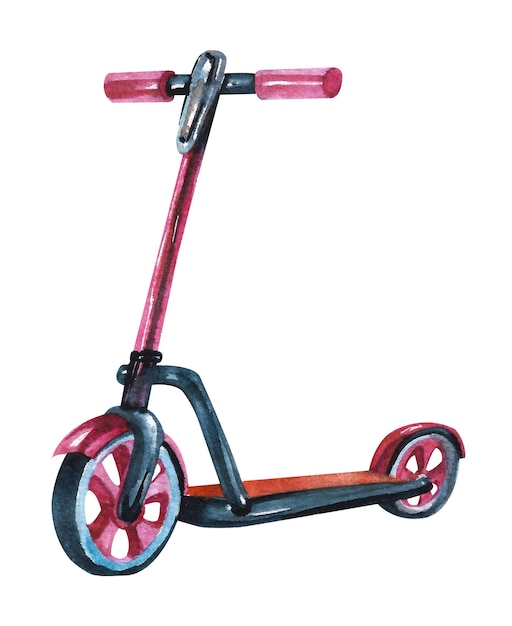 Aquarel set voertuigen Roze scooter op een witte achtergrond