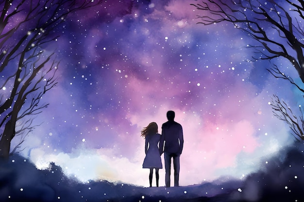 Aquarel silhouet van een jong echtpaar dat hand in hand staat tegen de gradiënt galaxy nachtelijke hemel