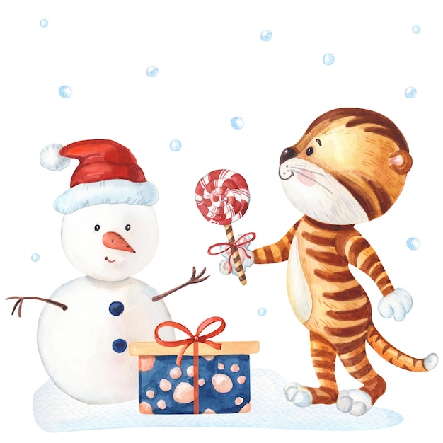Aquarel sneeuwpop met tijr, lolly en geschenkdozen. Nieuwjaarsillustratie voor de wintervakantie. Kerstkaart voor kinderen. Izolated op witte achtergrond.