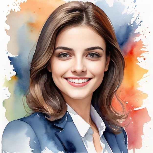 Foto aquarel-stijl schilderij zakenvrouw zichtbare papieren textuur kleurwas aquarel glimlachend