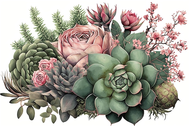 Aquarel succulent arrangement met bloeiende roze rozen en groene bladeren