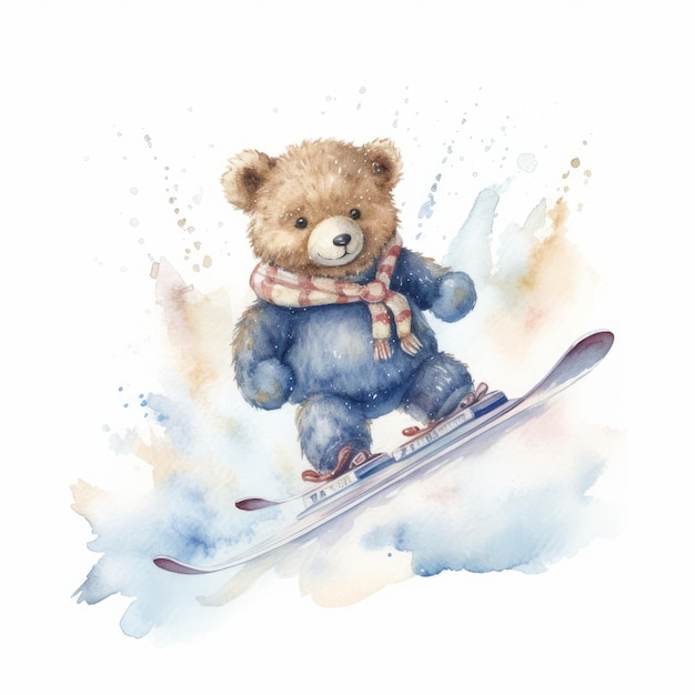 Aquarel teddybeer skiën op een besneeuwde helling enkele witte achtergrond AI gegenereerd