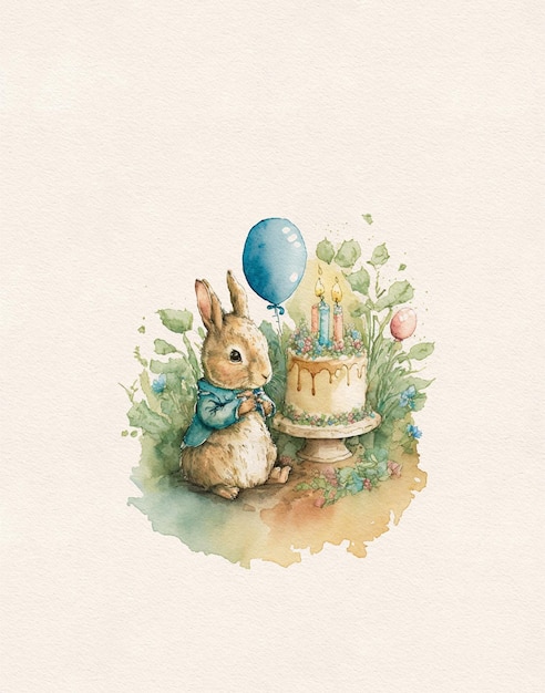 Foto aquarel tekenen konijntje verjaardag, verjaardagstaart partij ballonnen, eerste verjaardag