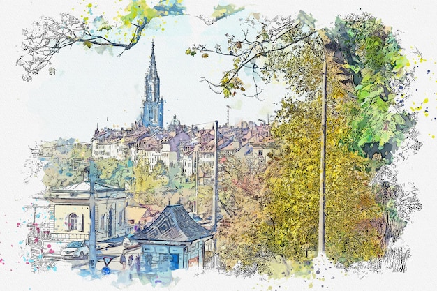 Aquarel tekening foto stad bern prachtige stad in Zwitserland