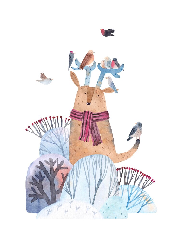Foto aquarel tekening van een hert in het bos met vogels kerstkaart kerstkaart afdrukbare winter bos illustratie