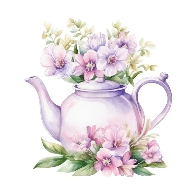 Aquarel theepot met bloemen geïsoleerd