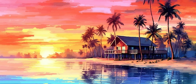 Aquarel tropisch landschap met palmen oceaan oranje wolken bij zonsondergang