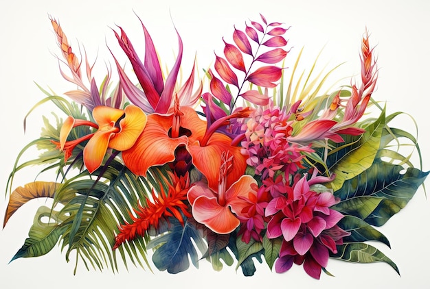 aquarel tropische schilderij met de hand getekend op witte achtergrond in de stijl van flora borsi