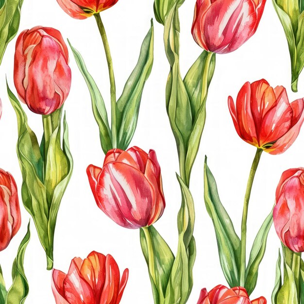 Aquarel tulpenbloemen met bladeren naadloos patroon