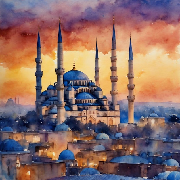 aquarel van de Blauwe Moskee