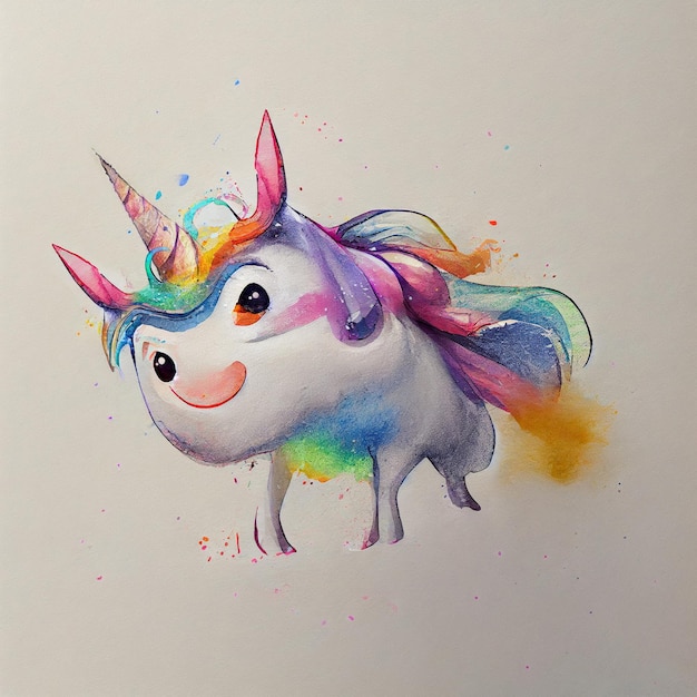 Aquarel van een gelukkige eenhoorn. Rainbow Unicorn met aquarel spatten en spatten op wit papier.