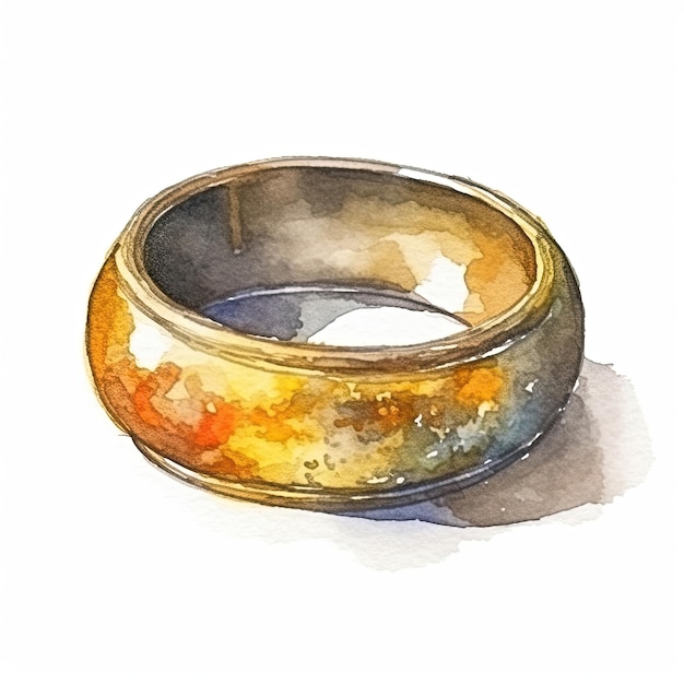 Aquarel van een gouden armband met een gouden ring eraan.