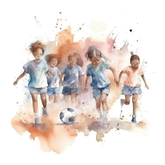 Aquarel van een groep voetballende kinderen