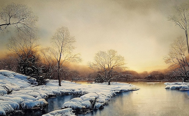 Aquarel van een prachtig kerst winterlandschap aquarel winterlandschap