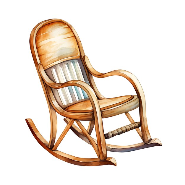 Aquarel van een traditionele houten schommelstoel met huisaccenten op witte achtergrond