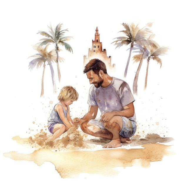 Aquarel van een vader en kind op een strand met palmbomen
