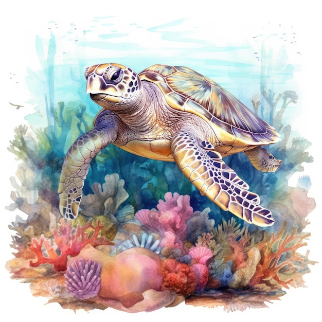 Aquarel van een zeeschildpad die door de zee zwemt