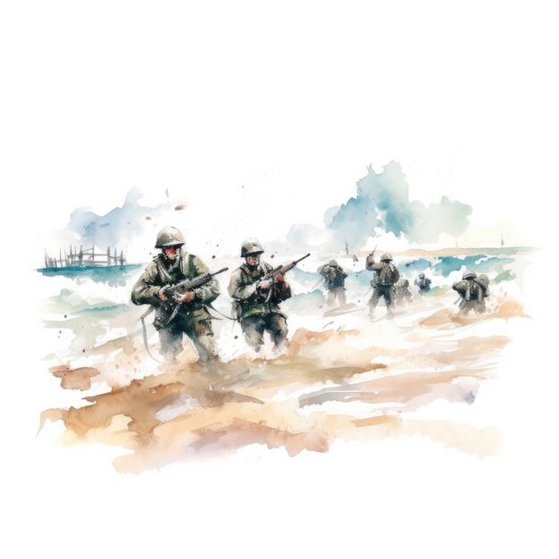 Aquarel van soldaten die de stranden van Normandië bestormen.
