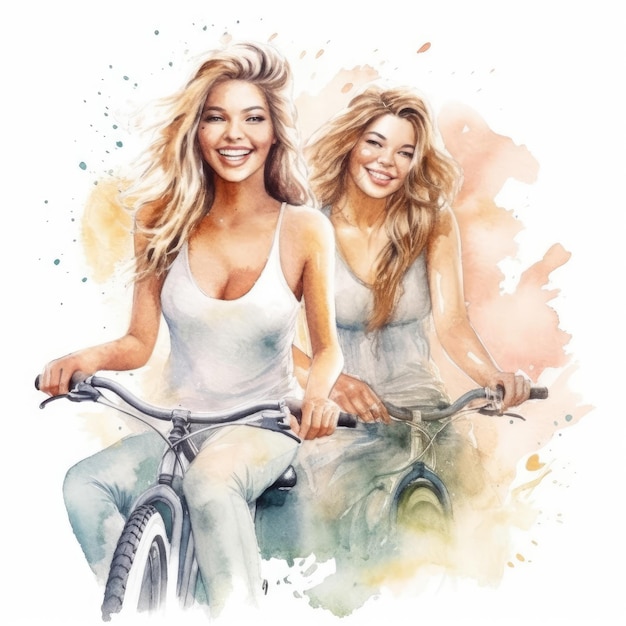 Foto aquarel van twee vrienden die samen genieten van een fietstocht