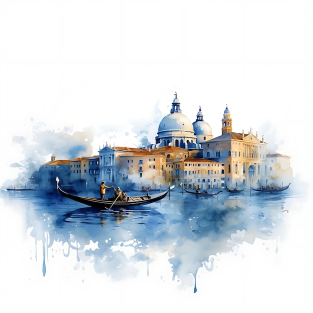 Aquarel van Venetiaanse stadsbeeld Gondola's en sierlijke gebouwen in Watery B 2D Design Clipart Flat