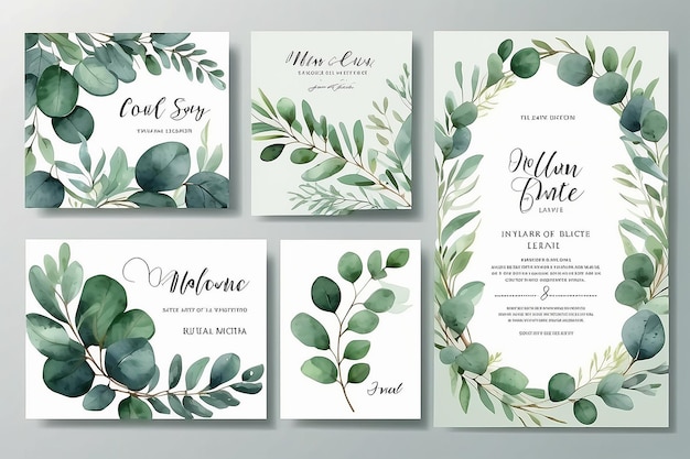 Foto aquarel vector set bruilofts uitnodigingskaart sjabloon ontwerp met groene eucalyptus bladeren illustratie voor kaarten save the date groeting design bloemen uitnodiging