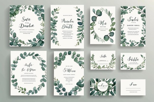 Foto aquarel vector set bruilofts uitnodigingskaart sjabloon ontwerp met groene eucalyptus bladeren illustratie voor kaarten save the date groeting design bloemen uitnodiging