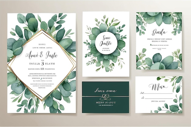 Foto aquarel vector set bruilofts uitnodigingskaart sjabloon ontwerp met groene eucalyptus bladeren illustratie voor kaarten save the date groeting design bloemen uitnodiging