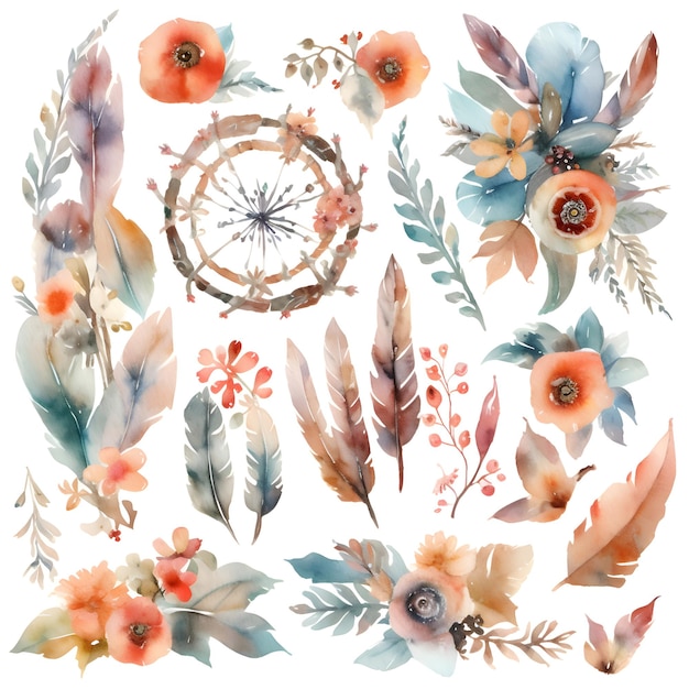 Aquarel vector set met wilde bloemen. bladeren en veren. handgeschilderde illustratie.