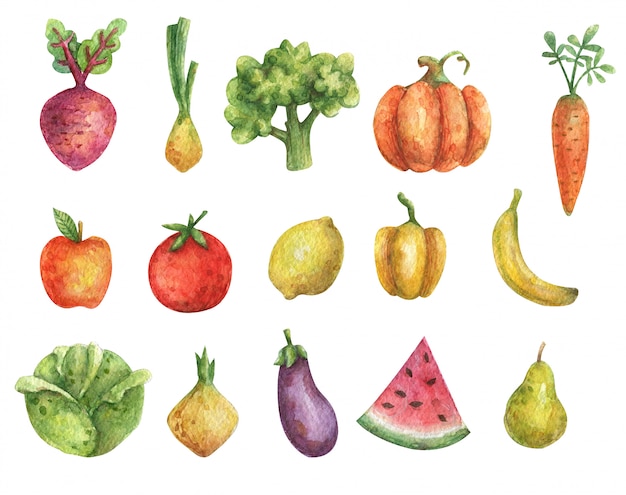 Aquarel vegetarische set groenten (pompoen, aubergine, tomaat, kool, wortel, peper, bieten, uien, broccoli) en fruit (appel, citroen, peer, banaan, watermeloen)