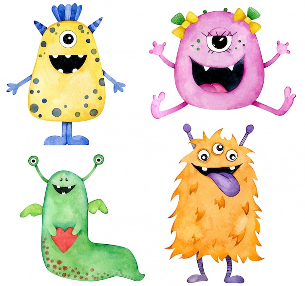 Aquarel vier kleurrijke lachende monsters. Gele, roze, groene en oranje stripfiguren.
