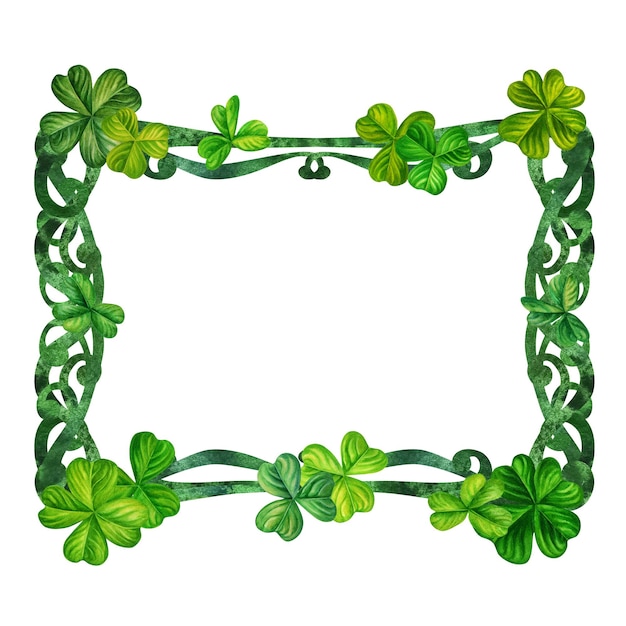 Aquarel vintage fantasy frame met handgetekende vier blad klaver voor St Patrick's Day voor geluk