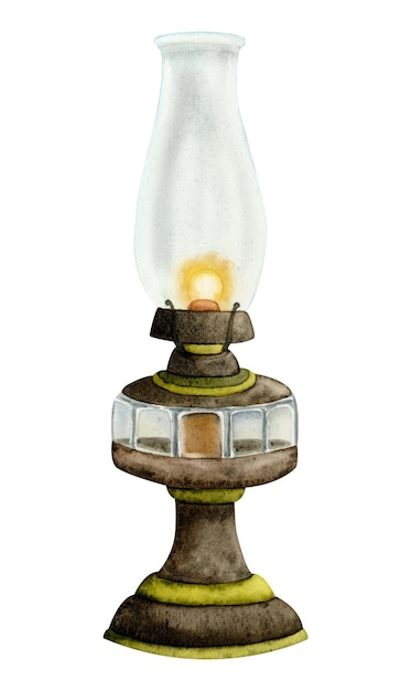 Aquarel vintage kerosine lamp van hout metaal glas illustratie Oude lantaarn voor reisdagboek