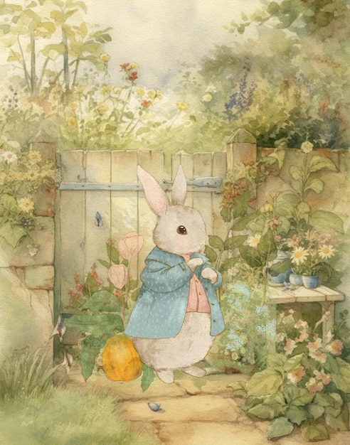 aquarel vintage tekening van een konijn in vintage kleding wandelen in de tuin vintage ansichtkaart