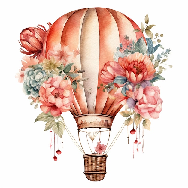 Aquarel Vintage Warmluchtballon met bloemen clipart