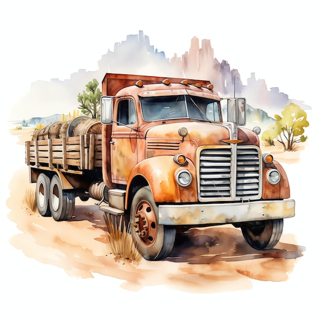 aquarel vrachtwagen westerse wilde westen cowboy woestijn illustratie clipart