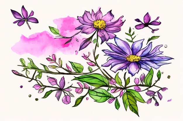 Aquarel Wildflower Clipart Cute Floral Illustratie schattige stijl groene bladeren kleur splash