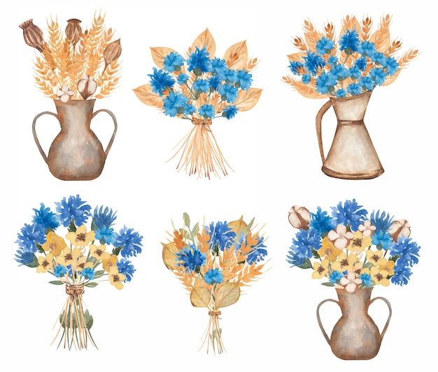 Aquarel Wildflower Clipart, kruiden bloemen boeket illustraties, Herbarium in vaas, weide bloem DIY, blauwe bloemen boeket, huwelijksuitnodiging