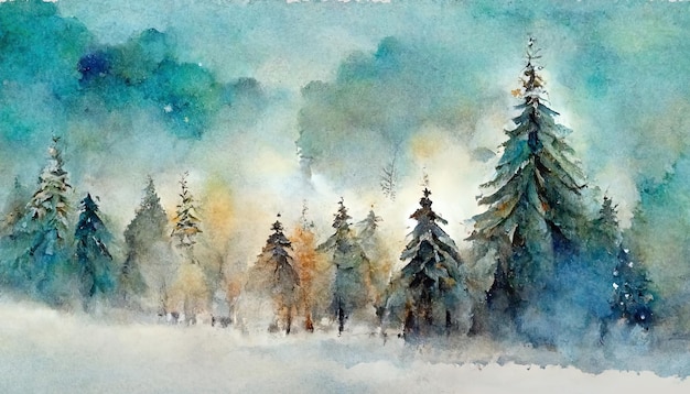 Aquarel winter dennenboom bos achtergrond Handgeschilderde besneeuwde naaldboom vuren bomen illustratie Generatieve Ai