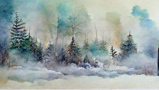 Aquarel winter dennenboom bos achtergrond Handgeschilderde besneeuwde naaldboom vuren bomen illustratie Generatieve Ai