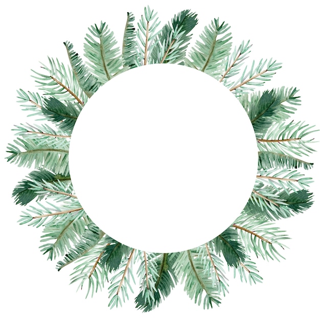 Foto aquarel winter groene dennen tak krans. handgetekende kerst cirkel groene takken sjabloon geïsoleerd op de witte achtergrond.